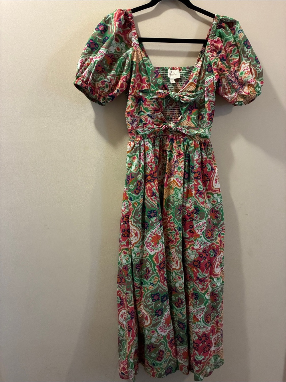 Cleobella organic cotton Puff-Sleeve Midi Dress in Green and Pink - small